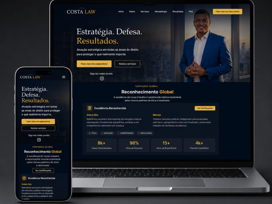Site institucional do escritório de advocacia Costa Law, com seção de reconhecimento global e resultados
